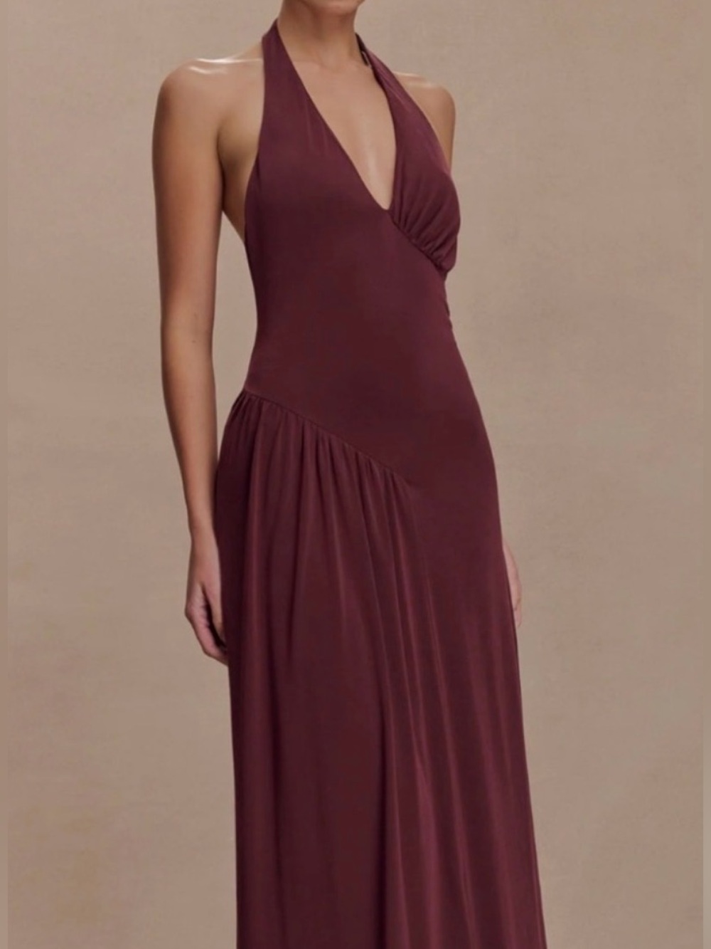 Meshki One-Shoulder Halter Maxi Dress in Burgundy